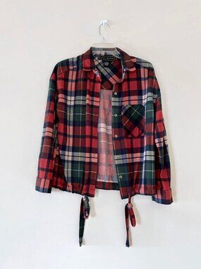 Polly & Esther Plaid button down shirt with pocket and pull to tie waist ✿